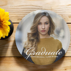 Chic White Script Overlay Afstuderen Foto Papieren Bordje