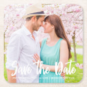 Chic White Script Verloving Photo Magnetic Kaart Kartonnen Onderzetters (Voorkant)