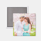 Chic White Script Verloving Photo Magnetic Kaart Magneet (Voorkant / Achterkant)