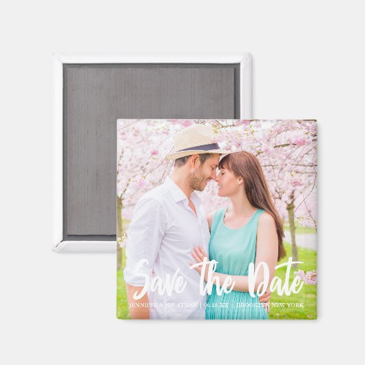 Chic White Script Verloving Photo Magnetic Kaart Magneet (Voorkant / Achterkant)