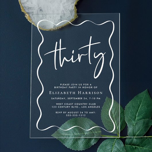 Chic White Script Wavy Lijst 30ste verjaardagsfees Acryl Uitnodigingen