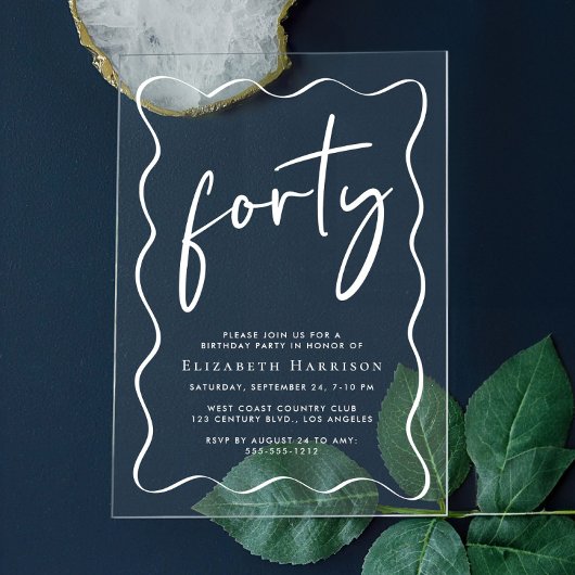 Chic White Script Wavy Lijst 40ste verjaardagsfees Acryl Uitnodigingen