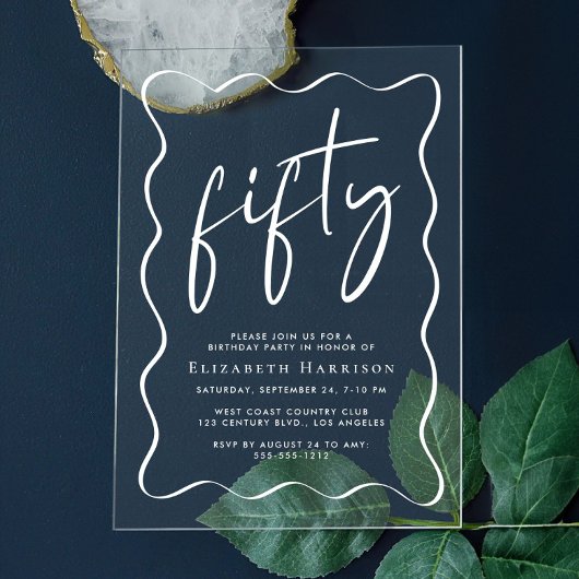Chic White Script Wavy Lijst 50ste verjaardagsfees Acryl Uitnodigingen