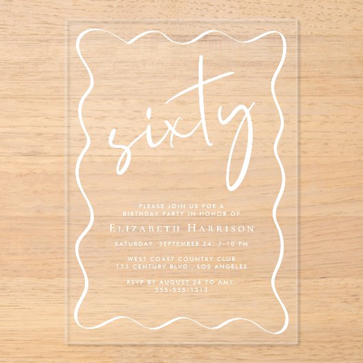 Chic White Script Wavy Lijst 60ste verjaardagsfees Acryl Uitnodigingen (Voorkant)