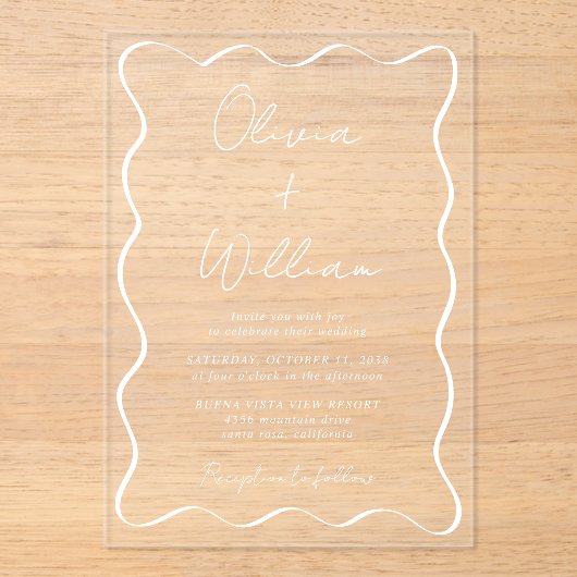 Chic White Script Wavy Lijst Wedding Acryl Uitnodigingen (Voorkant)