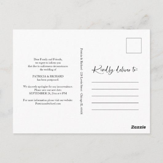 Chic White Script Wedding uitgesteld Briefkaart (Achterkant)
