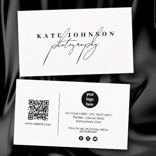 Chic White Signature Script QR Code Social Media Visitekaartje