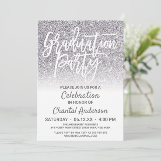 Chic White Silver Faux Glitter Ombre Afstuderen Kaart (Staand voorkant)