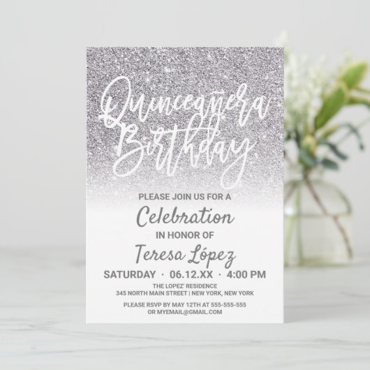 Chic White Silver Faux Glitter Ombre Quinceañera Kaart (Staand voorkant)