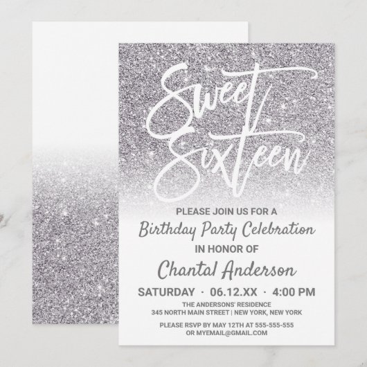 Chic White Silver Faux Glitter Ombre Sweet Sixteen Kaart (Voorkant / Achterkant)