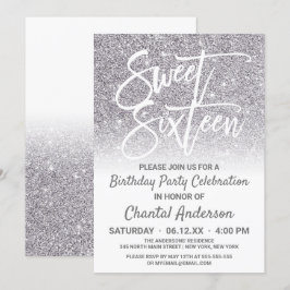 Chic White Silver Faux Glitter Ombre Sweet Sixteen Kaart