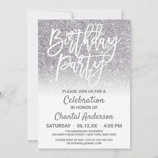 Chic White Silver Faux Glitter Ombre Verjaardag Kaart (Voorkant)