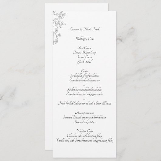 Chic White Silver Foil Floral Reception Menu Card Kaart (Voorkant / Achterkant)