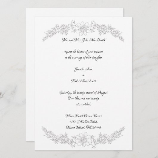 Chic White Silver Foil Floral Wedding Invitation Kaart (Voorkant / Achterkant)