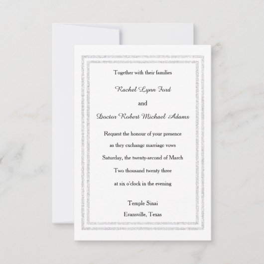 Chic White Silver Glitter Trim-3x5Wedding Invitate Kaart (Voorkant)