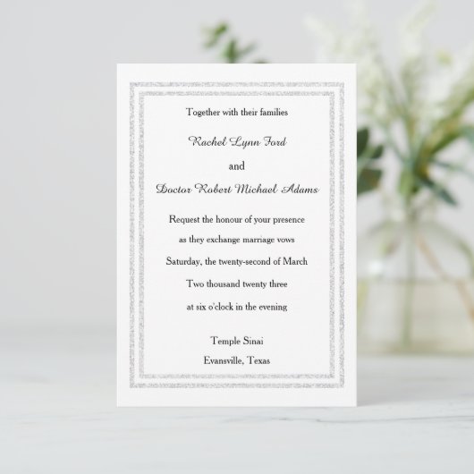 Chic White Silver Glitter Trim-3x5Wedding Invitate Kaart (Staand voorkant)