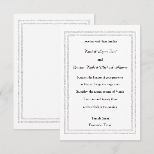 Chic White Silver Glitter Trim-3x5Wedding Invitate Kaart (Voorkant / Achterkant)