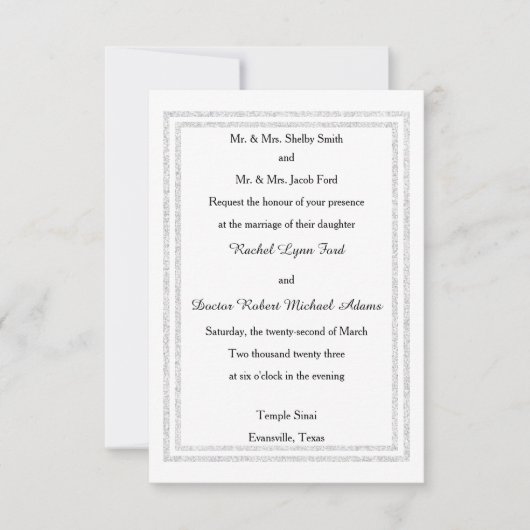 Chic White Silver Glitter Trim-3x5Wedding Invition Kaart (Voorkant)