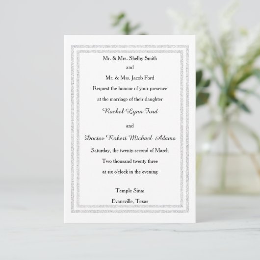 Chic White Silver Glitter Trim-3x5Wedding Invition Kaart (Staand voorkant)