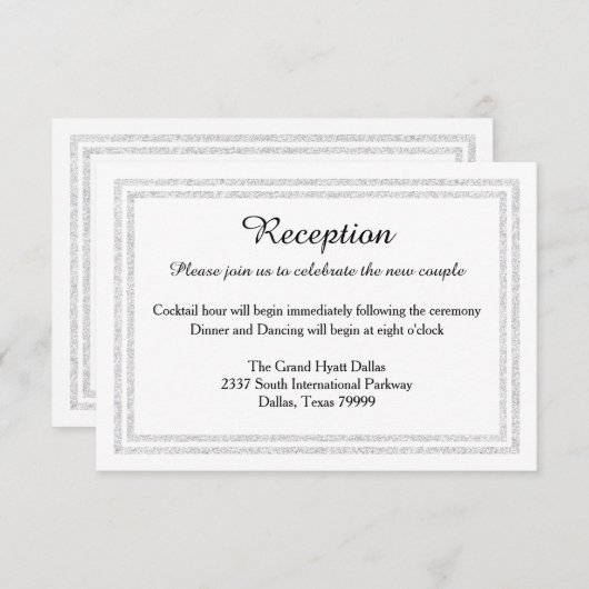 Chic White Silver Glitter Trim-Reception Invition Informatiekaartje (Voorkant / Achterkant)