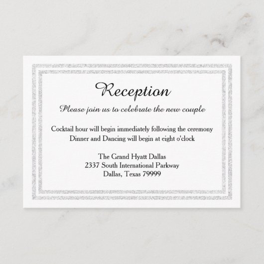 Chic White Silver Glitter Trim-Reception Invition Informatiekaartje (Voorkant)