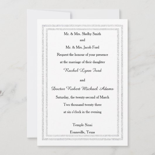 Chic White Silver Glittered Trim-Wedding Invition Kaart (Voorkant)