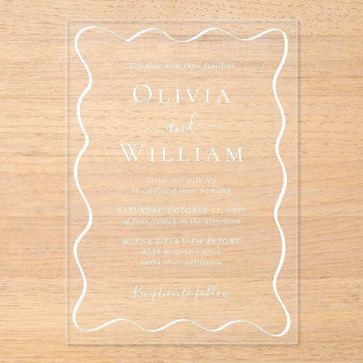 Chic White Wavy Lijst bruiloft Acryl Uitnodigingen (Voorkant)