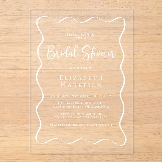 Chic White Wavy Lijst Vrijgezellenfeest Acryl Uitnodigingen (Voorkant)