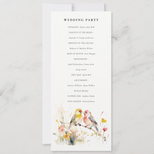 Chic Wild Botanische Tortelduifjes Wedding Progrom Kaart (Achterkant)