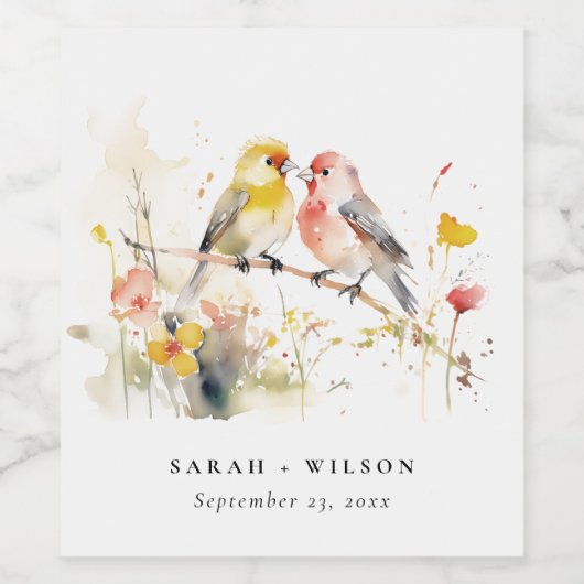 Chic Wild Botanische Waterverf Tortelduifjes bruil Wijn Etiket (Enkel label)