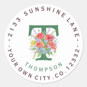 Chic Wild Flowers Monogram Circular Address Label