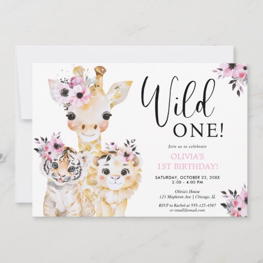 Chic Wild One safari meisjes 1e verjaardagsfeestje Kaart (Voorkant)