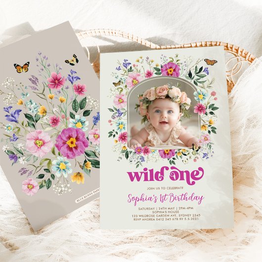 Chic Wild One Spring Wildflower 1e verjaardag foto Kaart