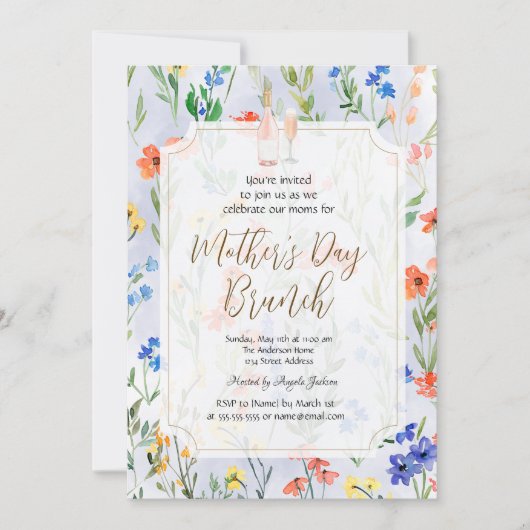 Chic Wildflower Blauwe Wijn Moederdag Brunch Kaart (Voorkant)