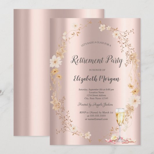 Chic Wildflower Champagne Rose Gold Retirement  Kaart (Voorkant / Achterkant)