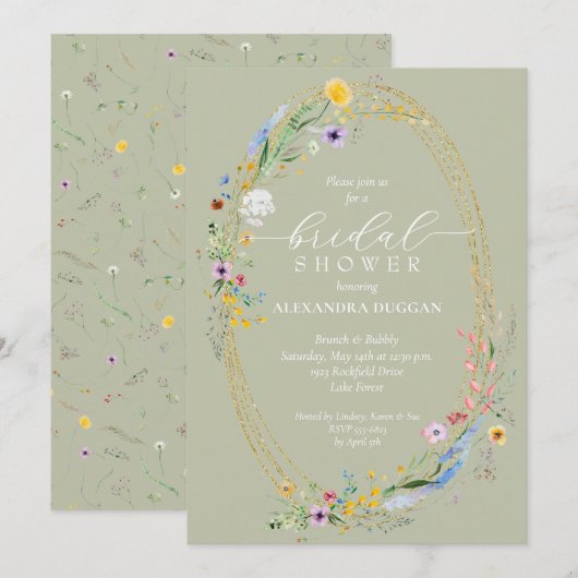 Chic Wildflower Krans Sage Green Vrijgezellenfeest Kaart (Voorkant / Achterkant)