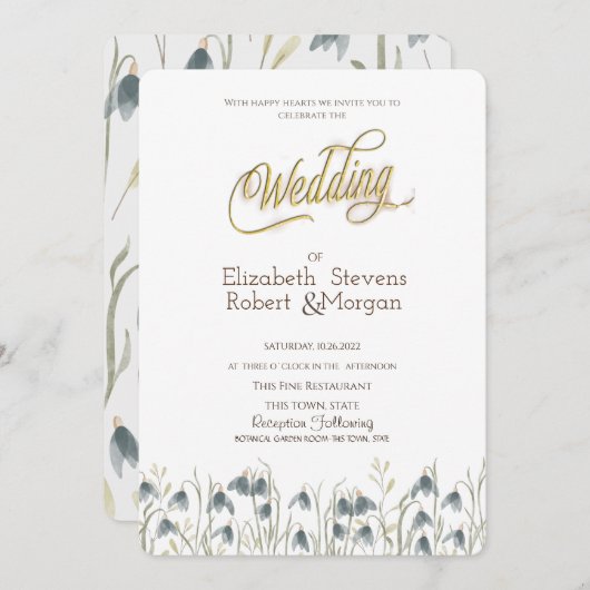 Chic Wildflower Snowdrops Wedding Kaart (Voorkant / Achterkant)