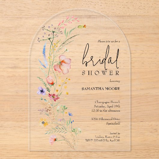 Chic Wildflower Vrijgezellenfeest Arch-Top Acryl Uitnodigingen (Voorkant)