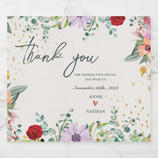 Chic Wildflowers Bloemen bruiloft Bedankt gunst Sparkling Wijnetiket (Enkel label)