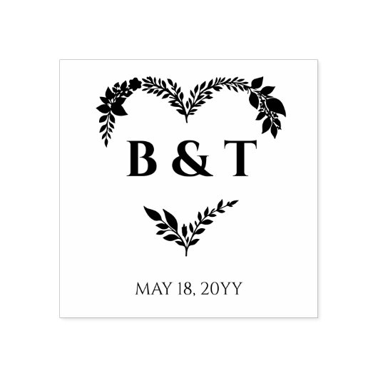 Chic Wildflowers & Branches Heart Shape Initials Rubberstempel (Afrduk)