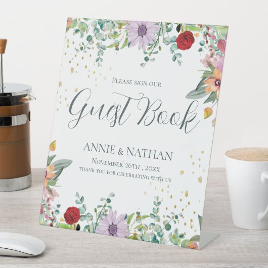 Chic Wildflowers Gastboek Trouwdag Bloemen Reclamebord Met Voetstuk (Insitu)