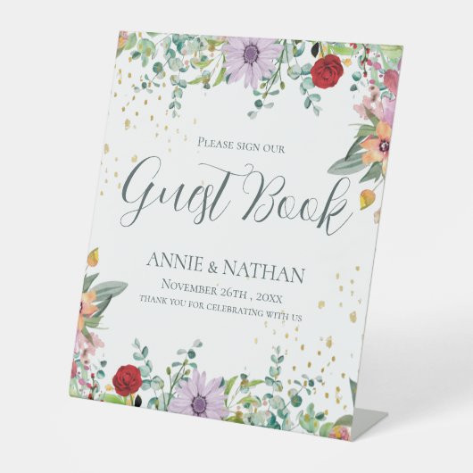 Chic Wildflowers Gastboek Trouwdag Bloemen Reclamebord Met Voetstuk (Voorkant)