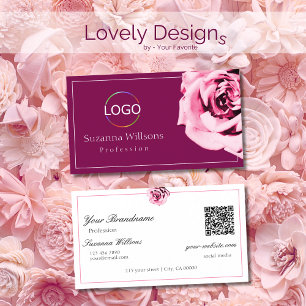 Chic Wine Red en White Pink Rose Logo QR Code Visitekaartje