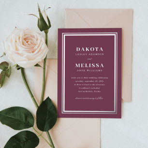 Chic Wine & Silver Modern Elegant Photo Wedding Folie Uitnodiging