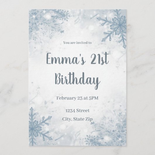 Chic Winter 21st Birthday Invitation – Snowflakes Kaart (Voorkant)