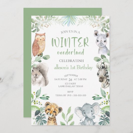 Chic Winter Animals Onederland 1e verjaardag Kaart (Voorkant / Achterkant)