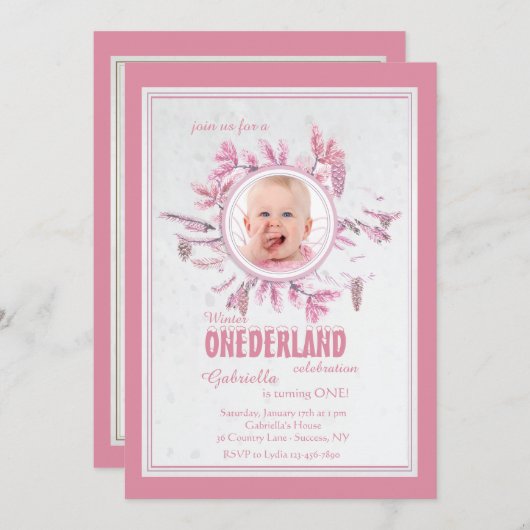 Chic Winter foto uitnodiging roze (Voorkant / Achterkant)