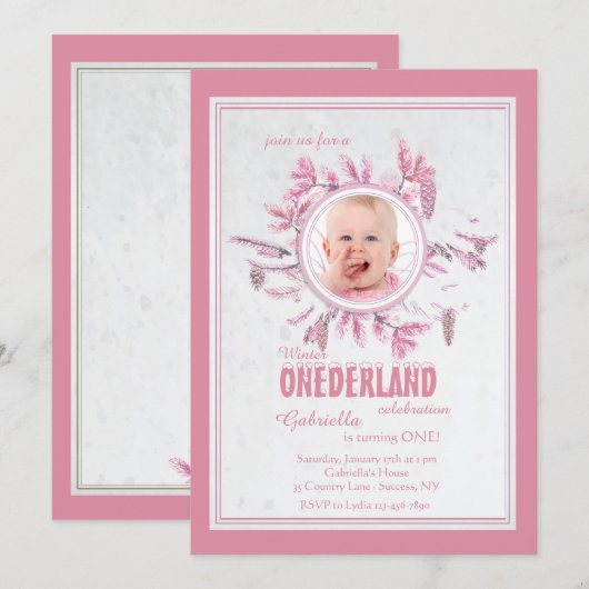 Chic Winter foto uitnodiging roze (Voorkant / Achterkant)