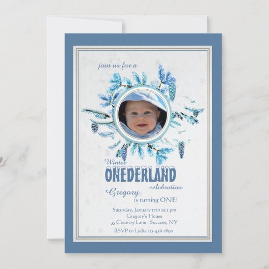 Chic Winter Photo Invitation Blue Kaart (Voorkant)