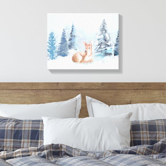 Chic Winter Waterverf Deer in Forest Canvas Afdruk (Insitu (Slaapkamer))